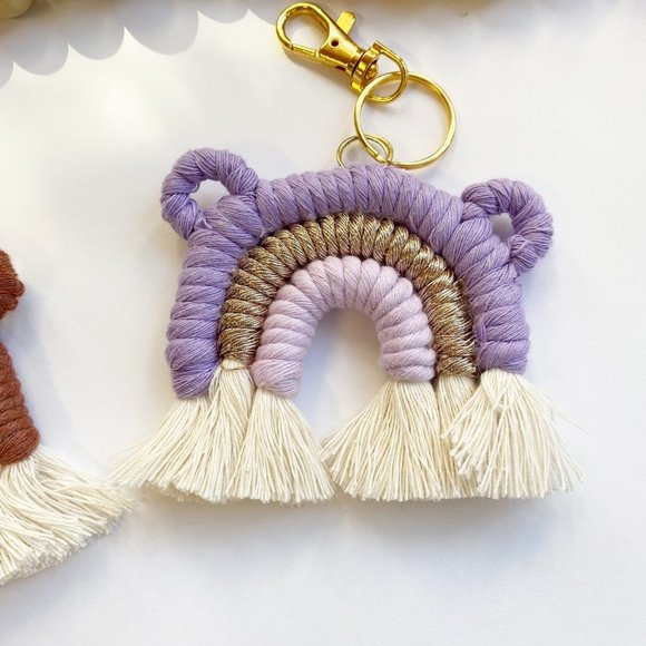 Macrame Bear Rainbow Keychain, Macrame Bag Charm, Purse Charm,Boho Bridal Decor - Picture 2 of 6